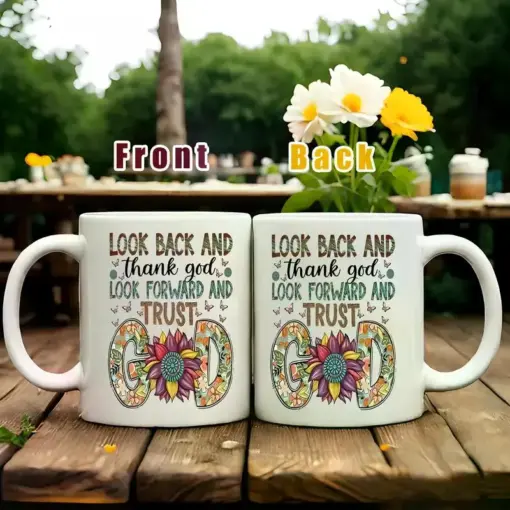 11oz Inspirational Sunflower Ceramic Mug with Bold "Look Back and Thank God" Design - Double-Sided Print, Perfect