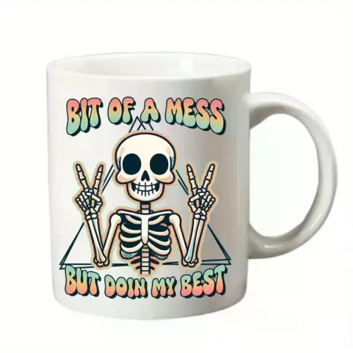 Ceramic Coffee Mug 11oz | BIT OEA NESS BUT DOI MY BEST | Skeleton Design with Rainbow Gradient Text | Dishwasher